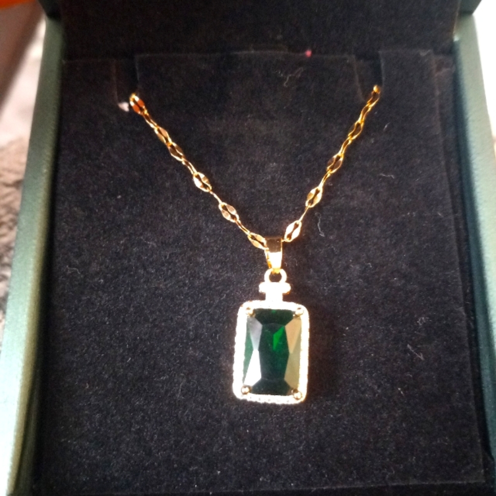 Green Emerald color square pendant with surrounding crystals